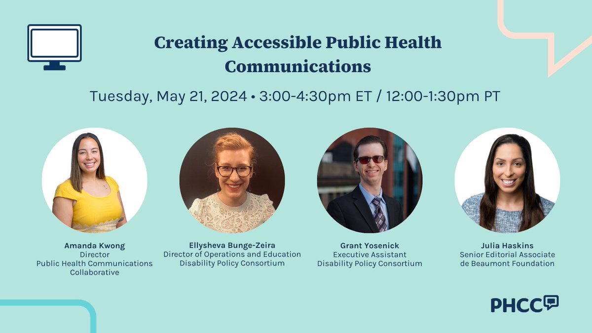 📢Our next webinar, 'Creating Accessible Public Health Communications,' is one week away! Register now to join us live for practical tools, tips, and examples for enhancing #accessibility in your #PublicHealth communications. bit.ly/3JHC3df