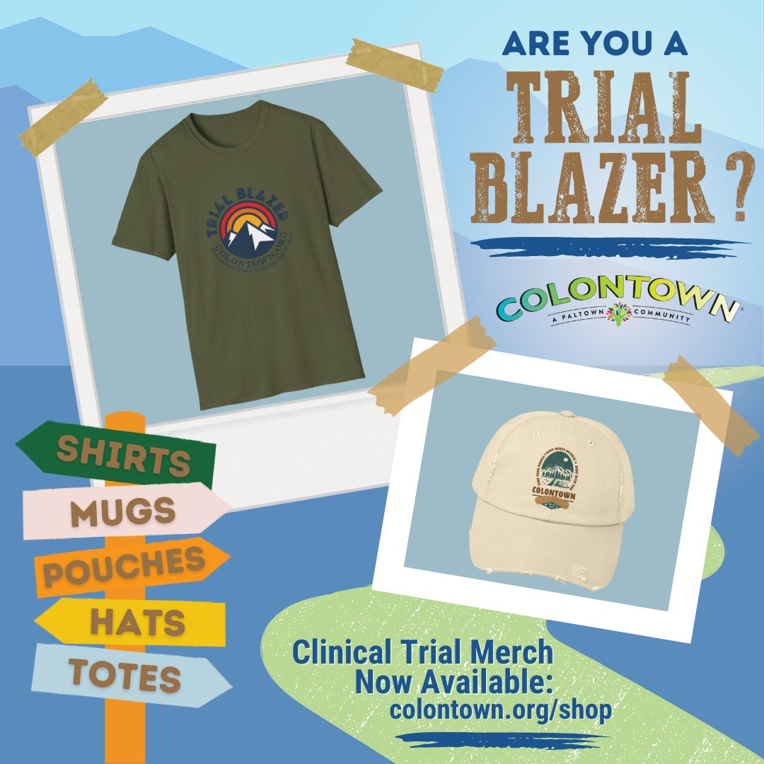 Calling all Clinical Trial Blazers! We've got some new merch to show off your 'trial' blazing ways. 🥾 Find a selection of hats, shirts, totes, mugs, luggage tags, and more in our online store: colontown.org/shop/