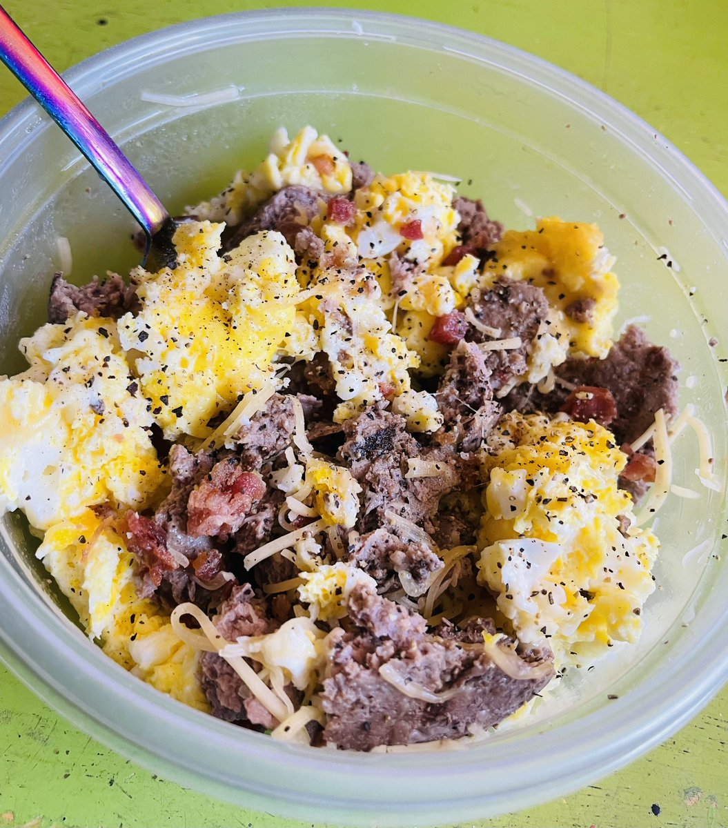 Start of Day 7️⃣4️⃣ (5.14.24): Broke my #fast at 5pm w/ a #protein bowl. 3 eggs, scrambled. 1/2lb beef patty chopped, 1/2 cup gouda, & topped w/ “real” bacon bits. #animalbasedprotein #animalbasednutrition #meat #meatlovers #carnivorewomen  #carnivoreclub #carnivore 
#weightloss