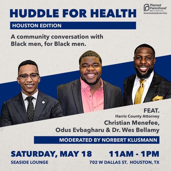 .<a href="/PPTXVotes/">Planned Parenthood Texas Votes</a> is hosting a community conversation about Black men's health w/Dr. Wes Bellamy, <a href="/CDMenefee/">Christian D. Menefee</a> and community leader <a href="/OdusEEvbagharu/">Odus E. Evbagharu</a>. The conversation will discuss abortion stigma, the ongoing Black maternal mortality crisis, and how you can get involved to make an impact