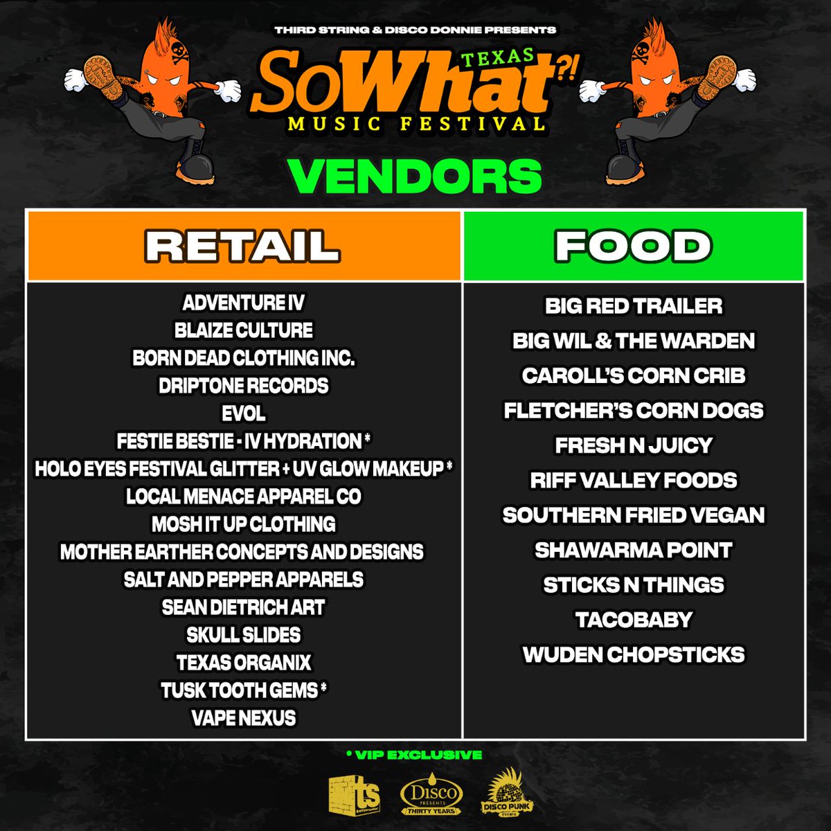 🤠 VENDOR WORLD - grab some sick new threads, a vinyl, and some sustenance from these retail and food vendors during your time at So What?!  Vegan and vegetarian food options are available.  sowhatmusicfestival.com