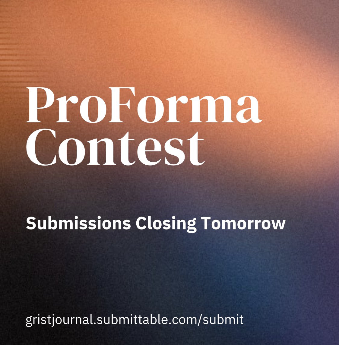 Grist Journal (@gristjournal) on Twitter photo Here is one more reminder that the ProForma submission window closes tomorrow!
This year’s contest will be judged by Choreopoems Scholar, <a href="/poetic_moni/">Monica Prince—ROADMAP AVAILABLE NOW!</a> Winners receive $1000 and publication in next year’s print issue.
Submittable is open April 1-May 15: gristjournal.submittable.com Here is one more reminder that the ProForma submission window closes tomorrow!
This year’s contest will be judged by Choreopoems Scholar, <a href="/poetic_moni/">Monica Prince—ROADMAP AVAILABLE NOW!</a> Winners receive $1000 and publication in next year’s print issue.
Submittable is open April 1-May 15: gristjournal.submittable.com