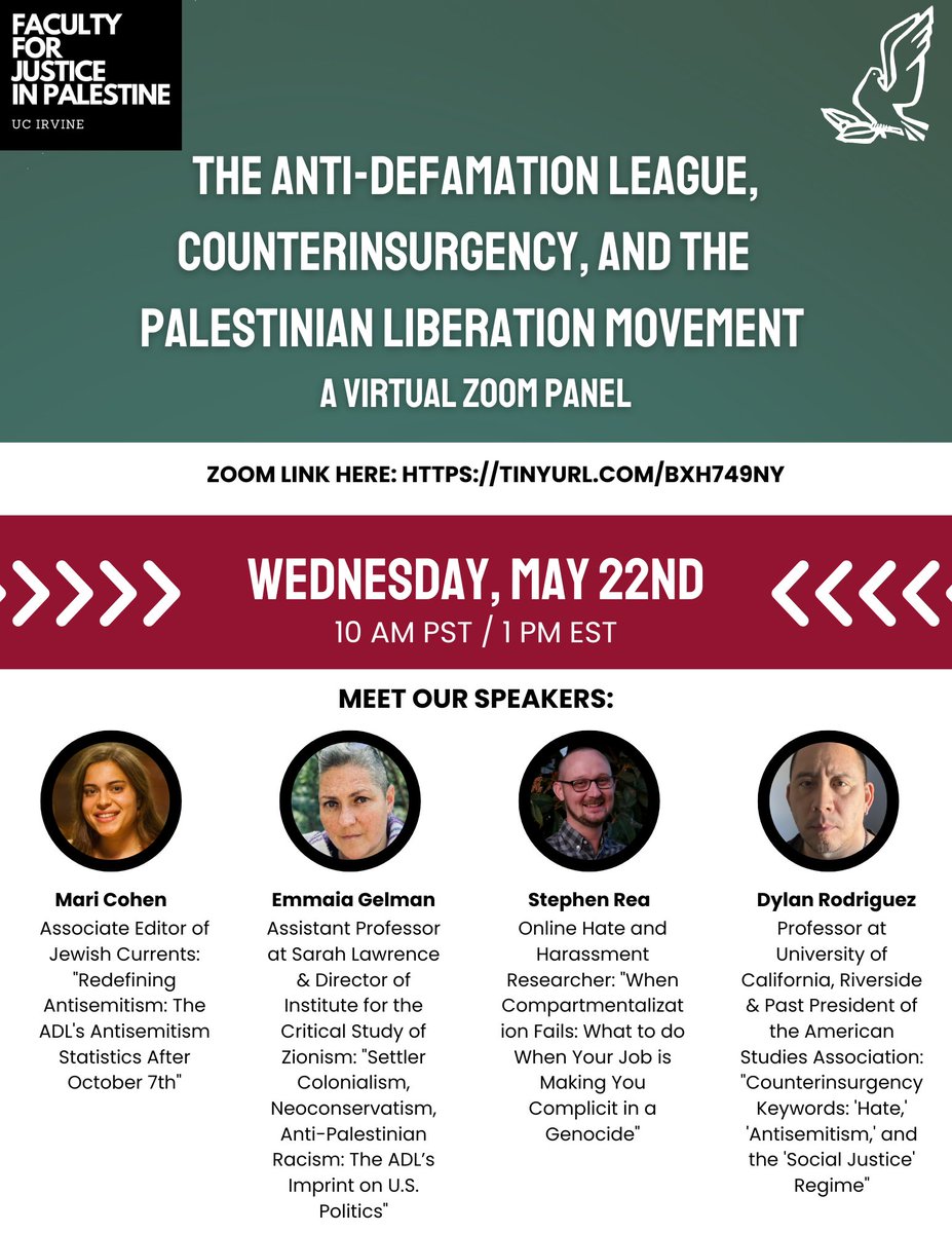 Join us for an info-session on the #adl Anti-Defamation League featuring @maricohen95 @mishmoshk @dylanrodriguez & Stephen C Rea. RSVP here: tinyurl.com/BXH749NY