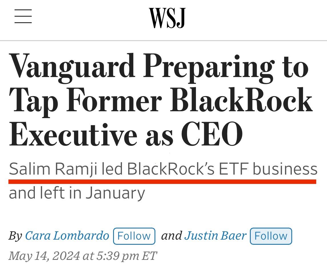 BREAKING‼️- Former lead of BlackRock’s ETF business is in line to replace Vanguard CEO. 

Is a Vanguard #Bitcoin ETF on the horizon?