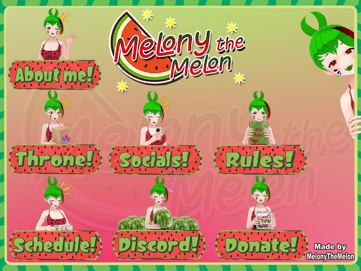 🍉Melon update!🍉
I made new stream panels!🛠️🍈

Thank you all for the love and support you give me
You all help me push forward to improve my content!🤗❤️
#Vtubers #ENVtuber #Melon