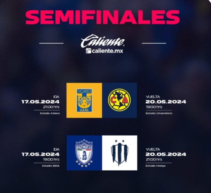 Así se jugarán 🙋🏽‍♀️ ⚽ 🇲🇽 Las semifinales del Clausura 2024 en la @LigaBBVAFemenil quedaron definidas. Viernes y lunes: Tigres 🐯 🆚 🦅 América Pachuca 👷🏽‍♀️ 🆚 🤠 Monterrey 👇🏽