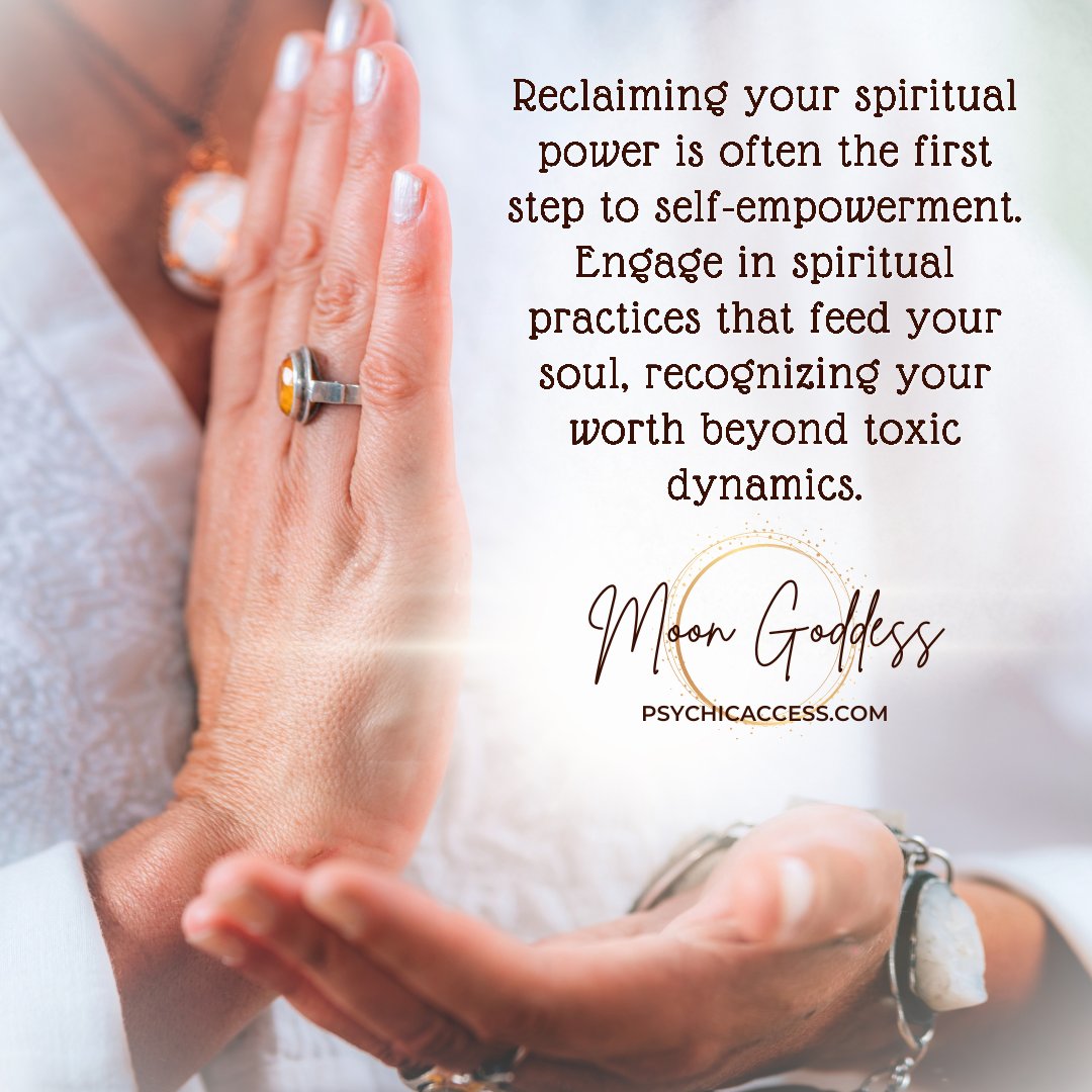 Reclaiming your spiritual power is often the first step to self-empowerment. Engage in spiritual practices that feed your soul, recognizing your worth beyond toxic dynamics. ~ Moon Goddess, PsychicAccess.com⁠
⁠
#psychicaccess #spiritualempowerment #selflovejourney