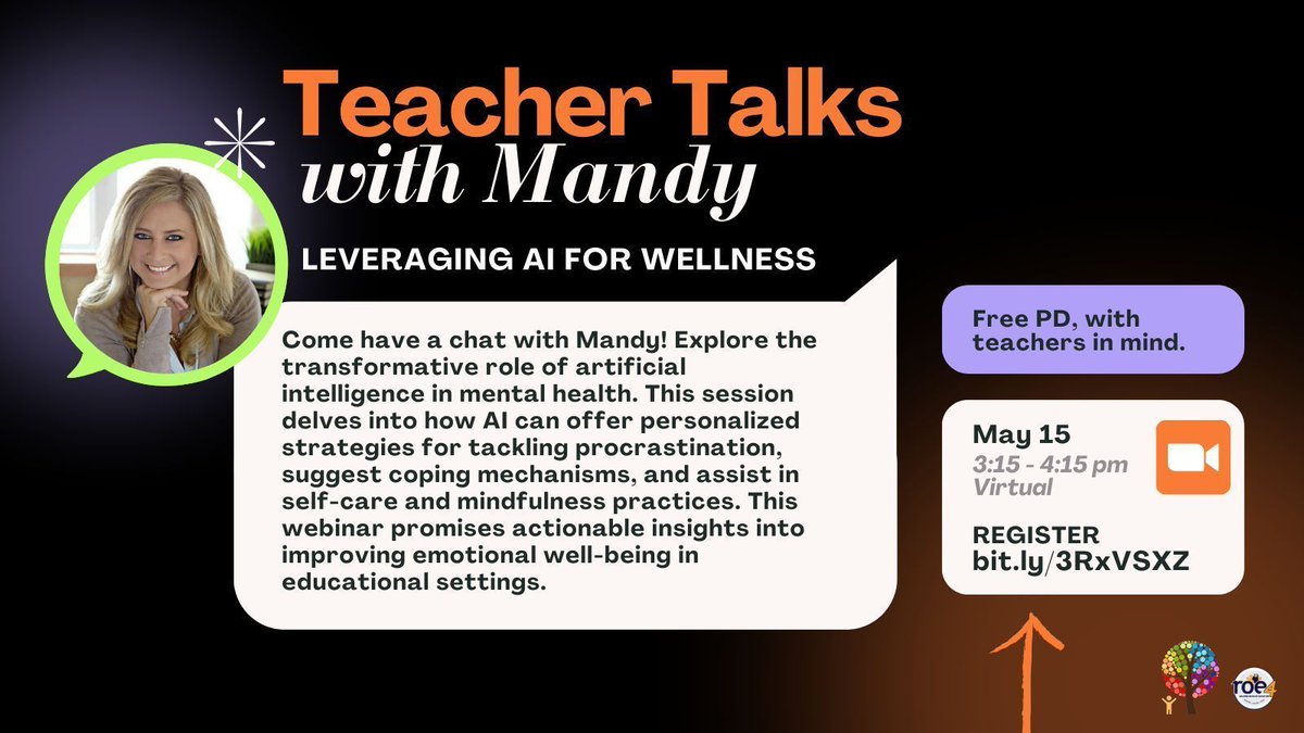 Join me for our upcoming virtual #TeacherTalks on May 15th, supported by @BWROE4. 🌐 Engage in free professional development customized for educators. Let's collaborate, grow, and support each other. 💚 Secure your spot here: buff.ly/48vZsce #AI #PDforTeachers #Wellbeing