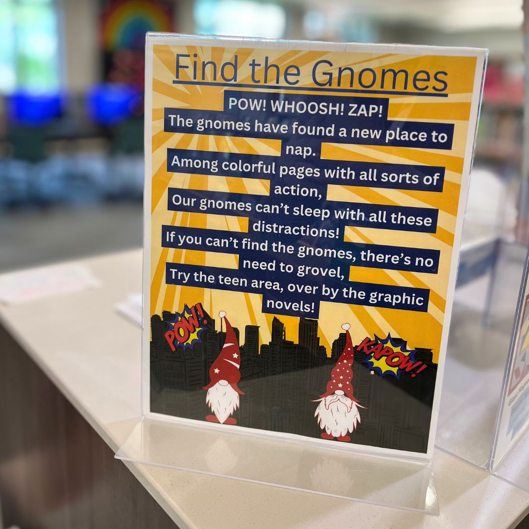 🍄🔍 Grab your magnifying glasses and join us for a whimsical gnome hunt in Koelbel Library! 📖🌈 Let's see if we can spot these elusive little creatures hiding among the shelves and literary wonders. Who's ready for a magical adventure? #GnomeHunt #LibraryFun #BookwormAdventures
