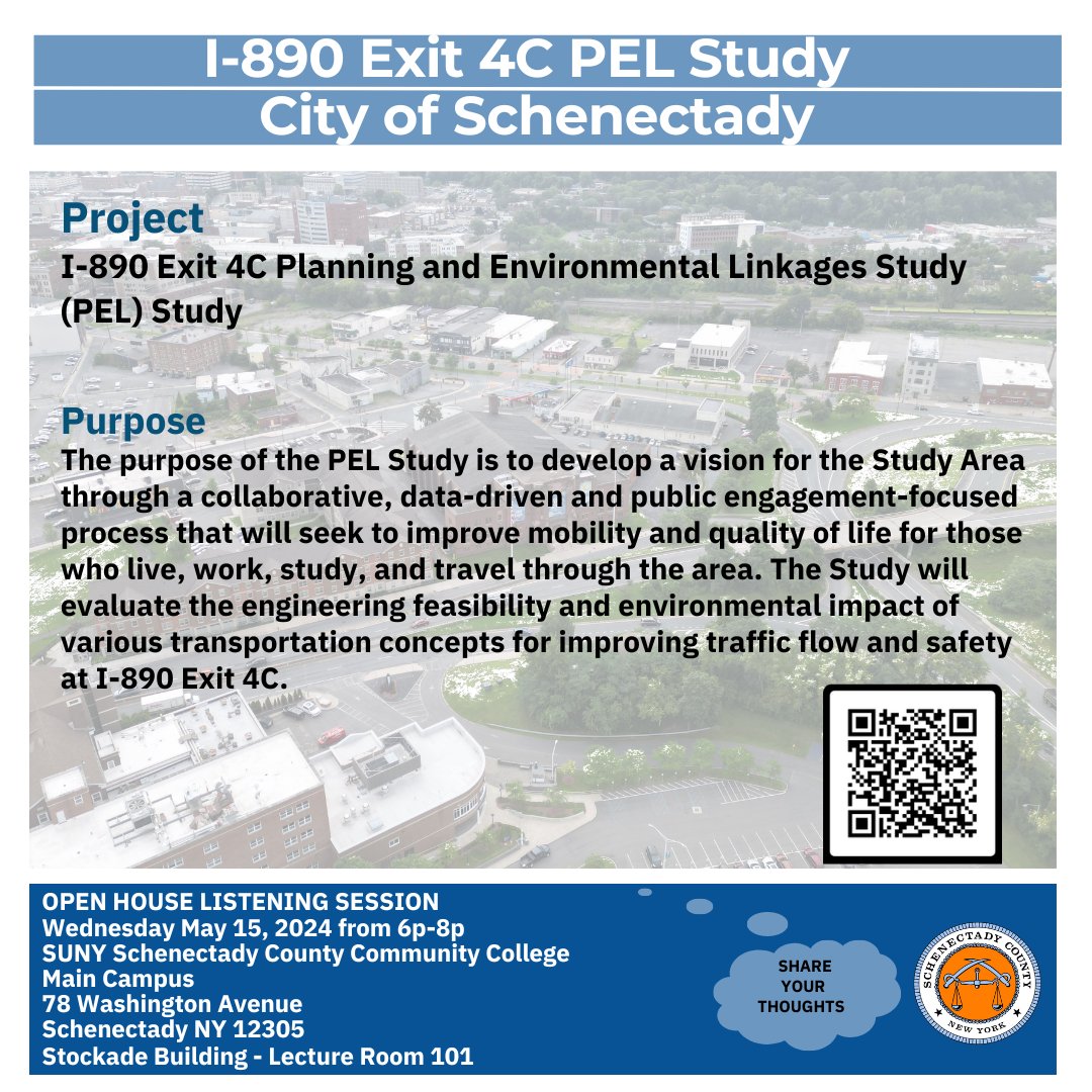 TOMORROW!

@schdycountyny is holding an Open House on Wednesday, May 15th, 6p-8p at SUNY SCCC for a new study that will evaluate the feasibility and environmental impact of transportation concepts for improving traffic flow and safety at I-890 Exit 4C.