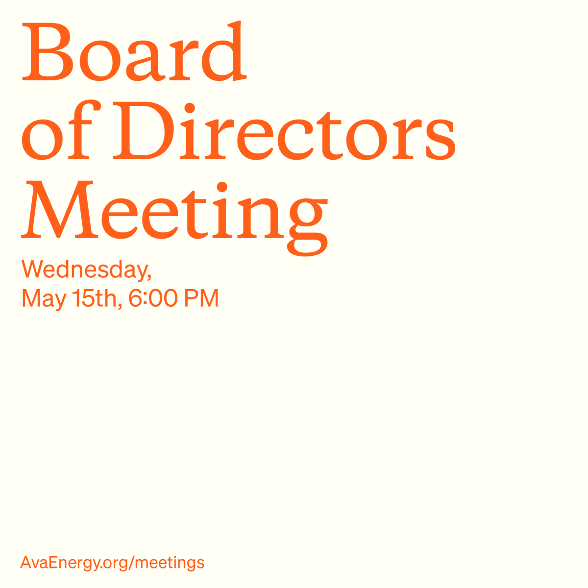 Ava's Board of Directors meets tomorrow, Wednesday, May 15 at 6pm. Meetings are open to the public and we welcome public comment. This meeting will be held in a hybrid format. Learn more: ow.ly/RrXw50RsKo3