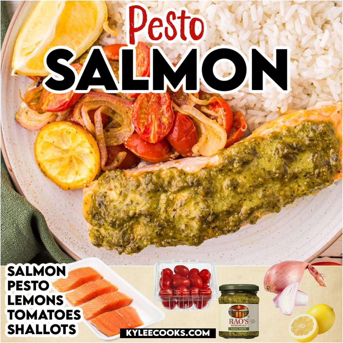 Want an elegant yet easy weeknight dinner? Try this pesto salmon with roasted tomatoes. Simply delicious! #PestoSalmon #EasyDinnerRecipes #BakedSalmon #kyleecooks kyleecooks.com/pesto-salmon/