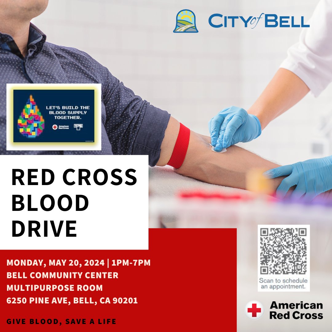 CityofBell's tweet photo. The American Red Cross will host a blood drive Monday, May 20, 2024, from 1PM-7PM. The drive will be held at the Bell Community Center (6250 Pine Ave, Bell CA 90201.) https://t.co/hDJSZ3bX2I