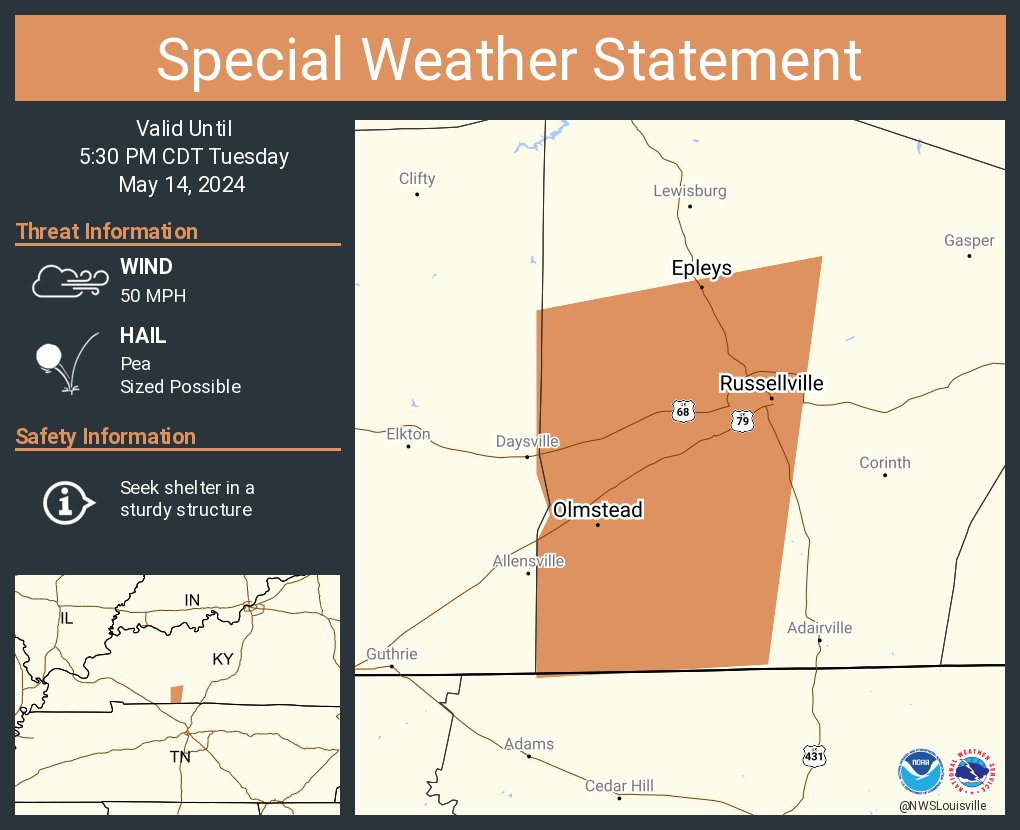 A special weather statement has been issued for Russellville KY, Olmstead KY and Epleys KY until 5:30 PM CDT