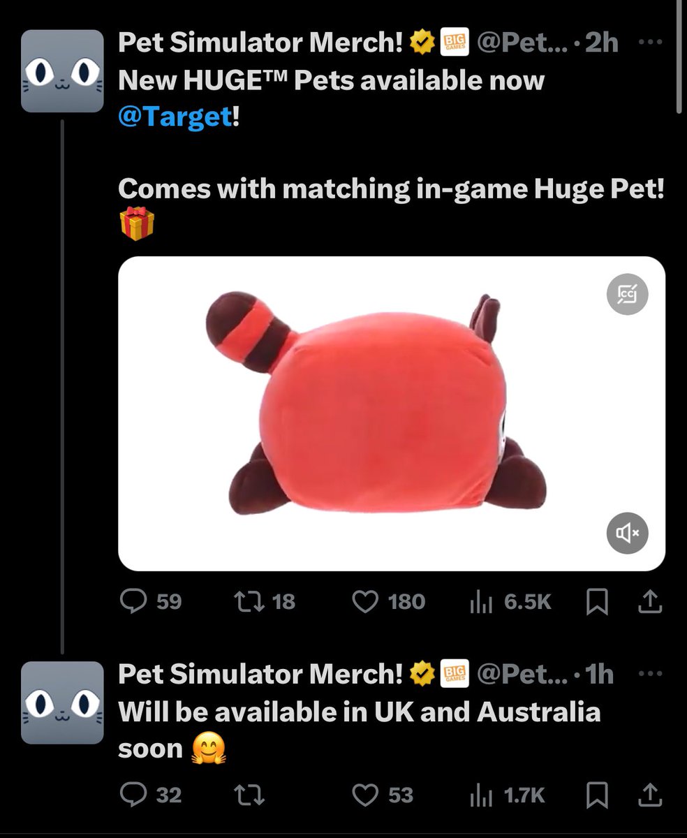 PetSimNewsNow's tweet photo. The Pet Simulator 99 HUGE Pets are now available in Target (USA) and are coming to Australia and UK

What countries would you like to see them sold? https://t.co/jp0S8wxdRG