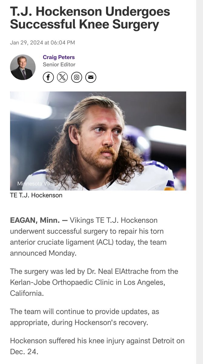 T.J. Hockenson #Skol #NFL Suffered an ACL + MCL tear on Christmas Eve However, he didn’t have surgery for over a month later, likely due to the MCL sprain. This delay will cause Hockenson to likely start the season on the PUP and I think returning for Week 1 is unlikely. I