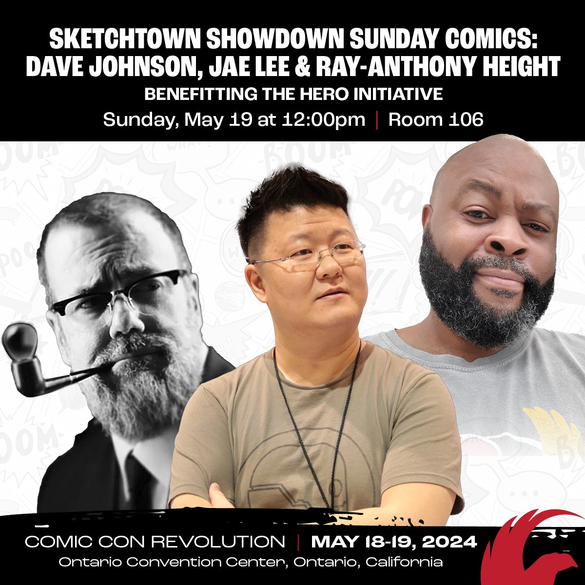✏️ Don't miss the Sketchtown Showdown featuring @TheDevilpig #JaeLee & @studioskyetiger benefiting the @heroinitiative live Sun 5/19 at 12:00pm in Room 106 only at #ComicConRevolution! Tickets: CCRTix.com #comiccon #inlandempire #ontariocalifornia #socal