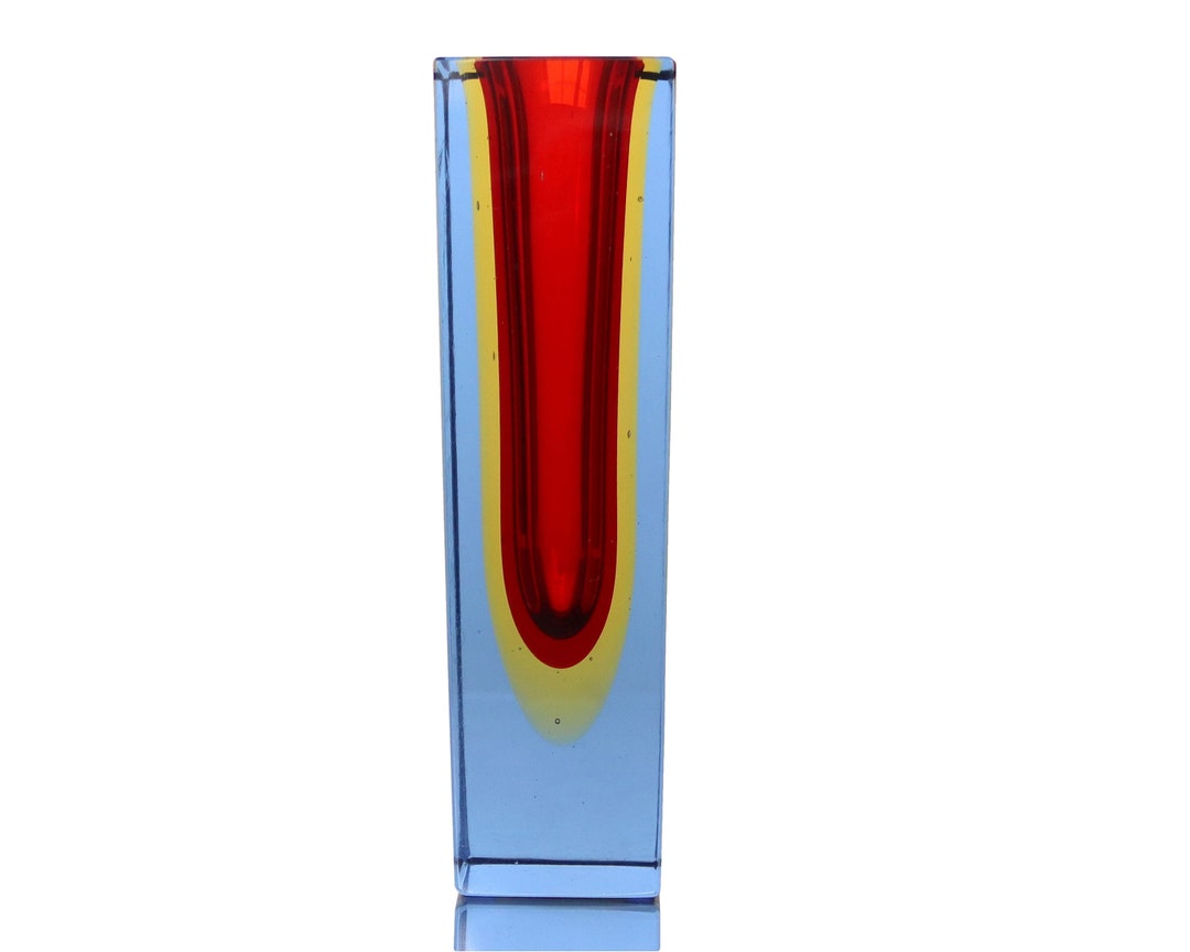 Murano Glass Vase - Cut Art Glass Vessel in Red, Yellow & Blue by ArmoireAncienne dlvr.it/T6tcSP #vintagebarware #luxuryhome #vintagegifts