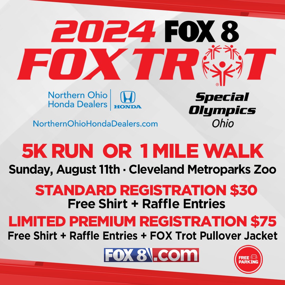 FOX 8 Fox Trot (@fox8foxtrot) on Twitter photo Join us on SUNDAY, AUGUST 11 as we run and walk to support the child and adult athletes of <a href="/SOOhio/">Special Olympics Ohio</a>. We are excited to once again take #FoxTrot2024 to the <a href="/clemetzoo/">Cleveland Metroparks Zoo</a> -- with plenty of free parking!
Click Here to Register: fox8foxtrot.com Join us on SUNDAY, AUGUST 11 as we run and walk to support the child and adult athletes of <a href="/SOOhio/">Special Olympics Ohio</a>. We are excited to once again take #FoxTrot2024 to the <a href="/clemetzoo/">Cleveland Metroparks Zoo</a> -- with plenty of free parking!
Click Here to Register: fox8foxtrot.com