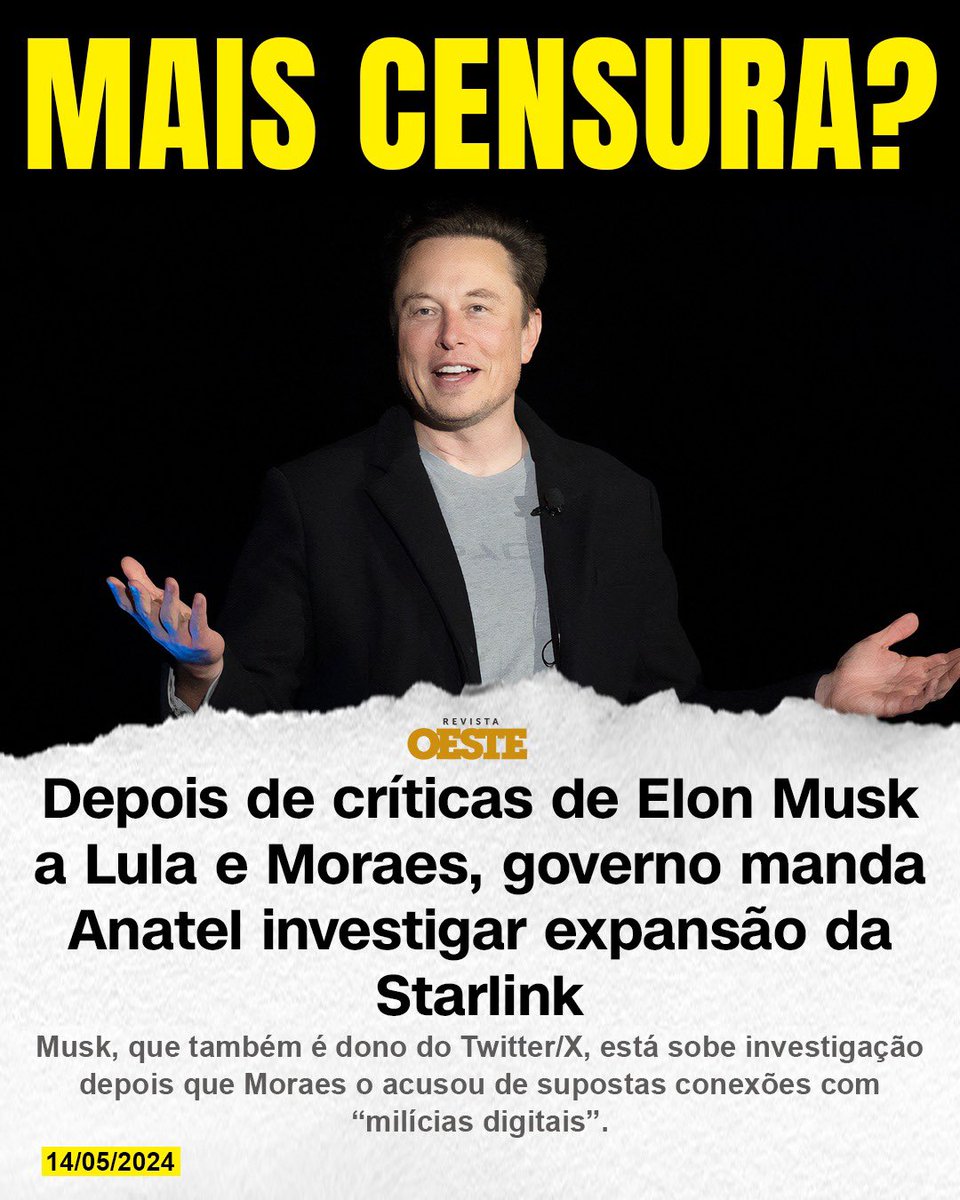 'After @elonmusk criticizes Lula and Moraes, government (Lula Administration) order ANATEL (Communication Agency) to investigate @Starlink expansion', by @revistaoeste.

It's just unbelievable and disgusting!