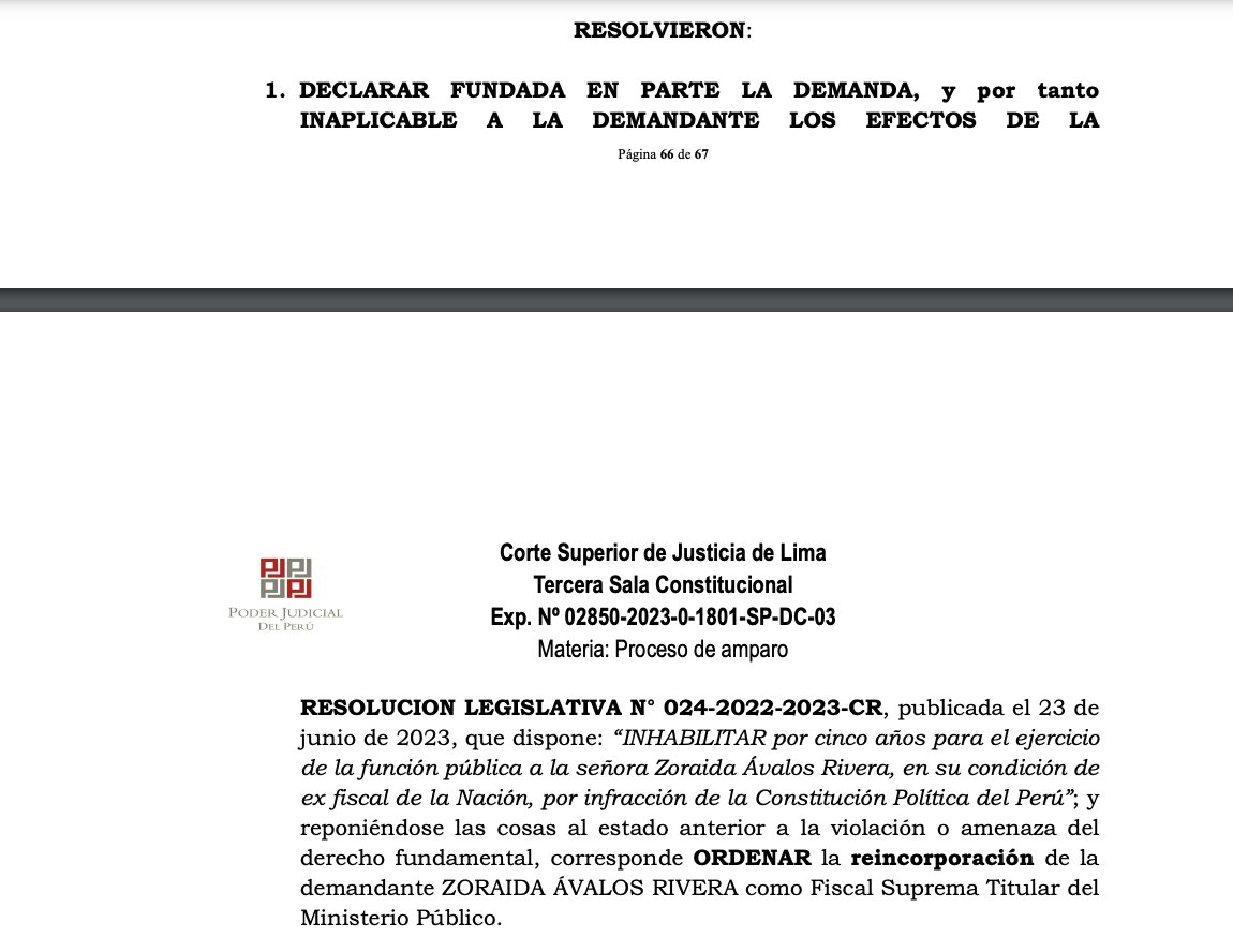 jfowks's tweet photo. Once meses después de la ilegal inhabilitación del Congreso a la fiscal suprema Zoraida Ávalos, una sala constitucional ordena su reincorporación como titular del Ministerio Público. En diciembre, juez determinó que no cometió ningún delito, como refería el Congreso. https://t.co/w2jfZmls2d