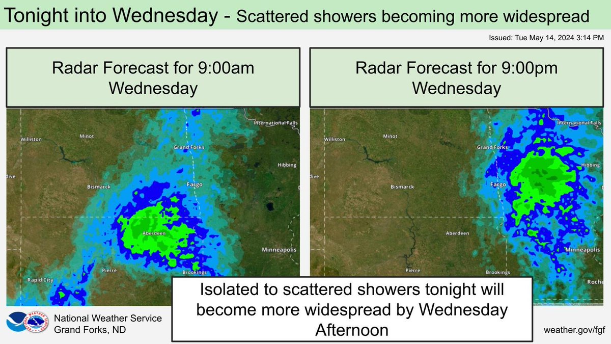Scattered showers tonight into Wednesday morning will become more widespread Wednesday afternoon. #NDwx #MNwx