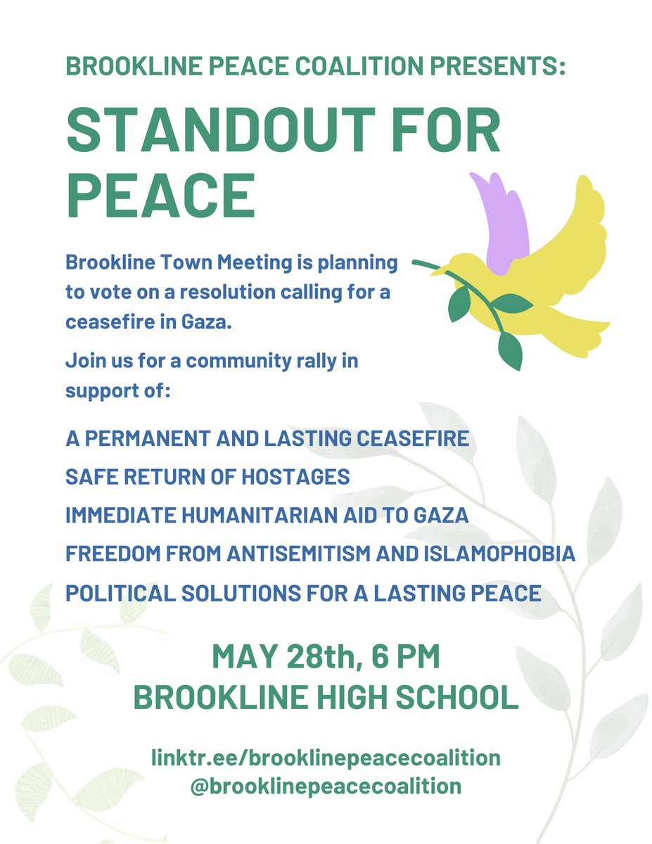 Join the Brookline Peace Coalition for a Standout for Peace

🗓️ May 28th, 6pm at Brookline High School, 115 Greenough St.

Brookline Town Meeting is planning to vote on a resolution calling for a ceasefire in Gaza. Join for a community rally.