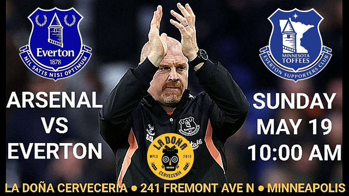 Season finale meet-up. Our Blues look to spoil Arsenal's chance to win the league. We'll also be giving away an Everton pennant signed by the players.

⚽️ Arsenal vs <a href="/Everton/">Everton</a>
🗓 Sun May 19
🕙 10:00 AM
🍻 <a href="/LaDonaCerveza/">La Doña Cervecería</a>

#COYB #UTFT #ARSEVE <a href="/NAToffees/">North American Toffees</a> <a href="/EvertonInUSA/">Everton in the USA</a> <a href="/EvertonUSA/">Everton USA - #AllTogetherNow</a>