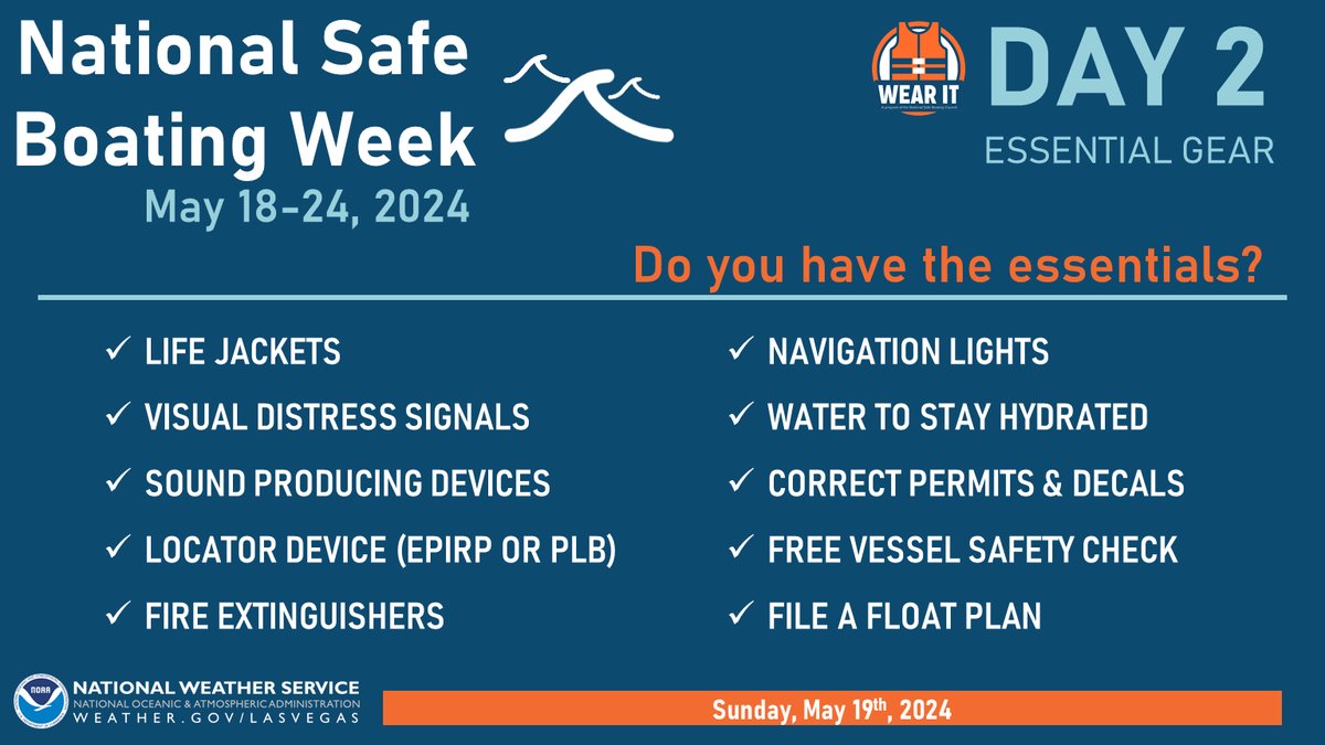 For Day 2 of #NationalSafeBoatingWeek, we're here to remind you about ✨ the essentials ✨. Before heading out on the water, do you have: ⛵️ Life Jackets? ⛵️ Permits? ⛵️ Navigation lights? ⛵️Fire Extinguisher? ⛵️ Plenty of water & sunscreen?