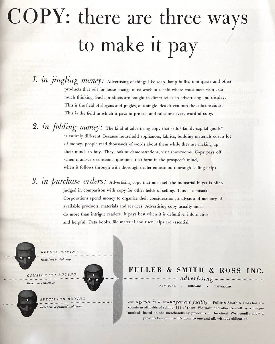 Ad agencies, advertising themselves. Fuller & Smith & Ross, 1948. 'Advertising copy that must sell the industrial buyer is often judged in comparison with copy for other fields of selling. This is a mistake.' #advertising #adsforadagencies