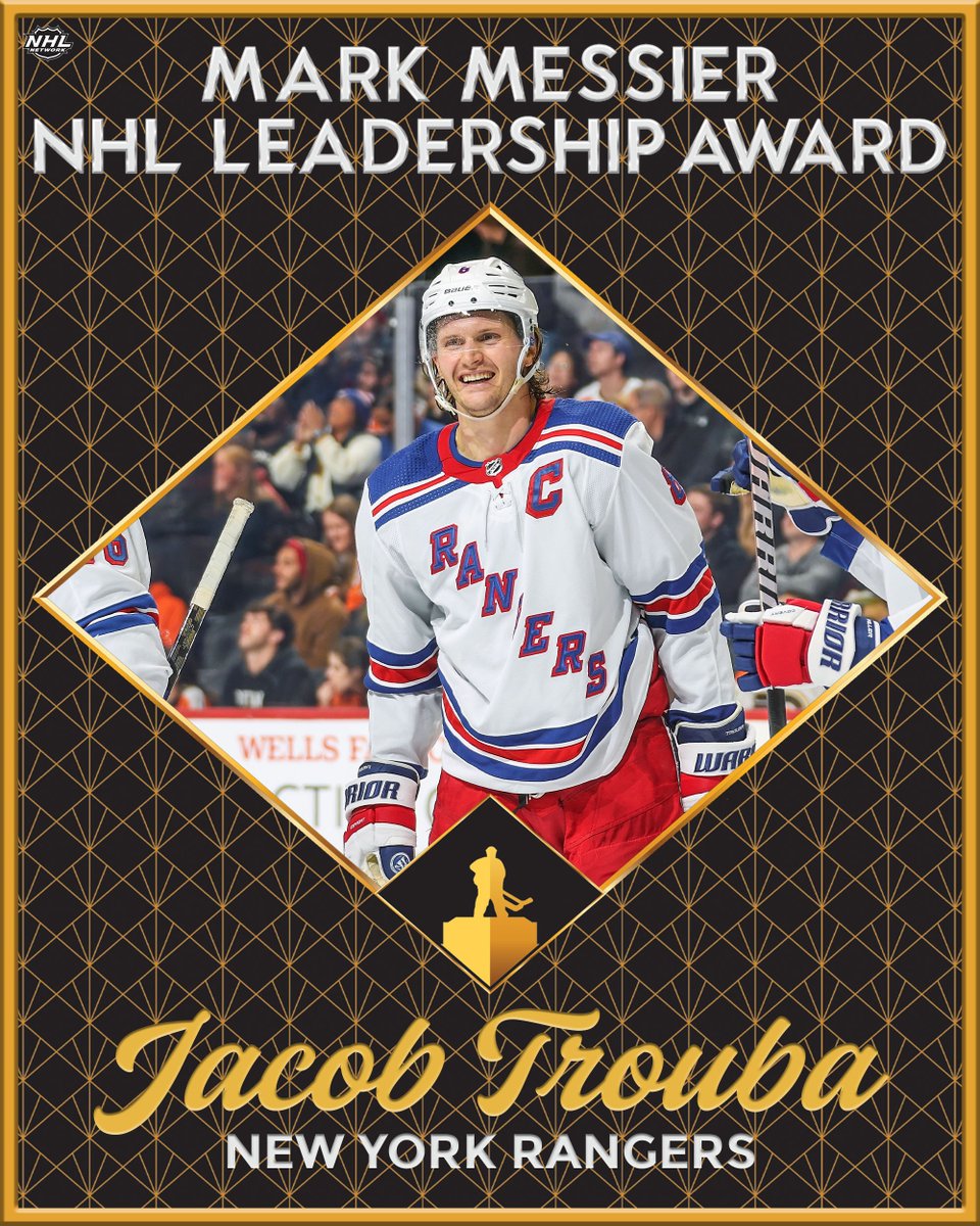 Jacob Trouba is the winner of the 2024 Mark Messier NHL Leadership Award!

@NYRangers | #NYR | #NHLAwards