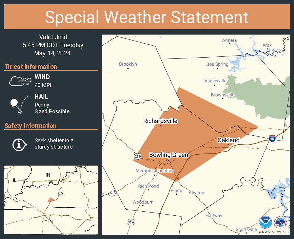 A special weather statement has been issued for Bowling Green KY, Plum Springs KY and Oakland KY until 5:45 PM CDT