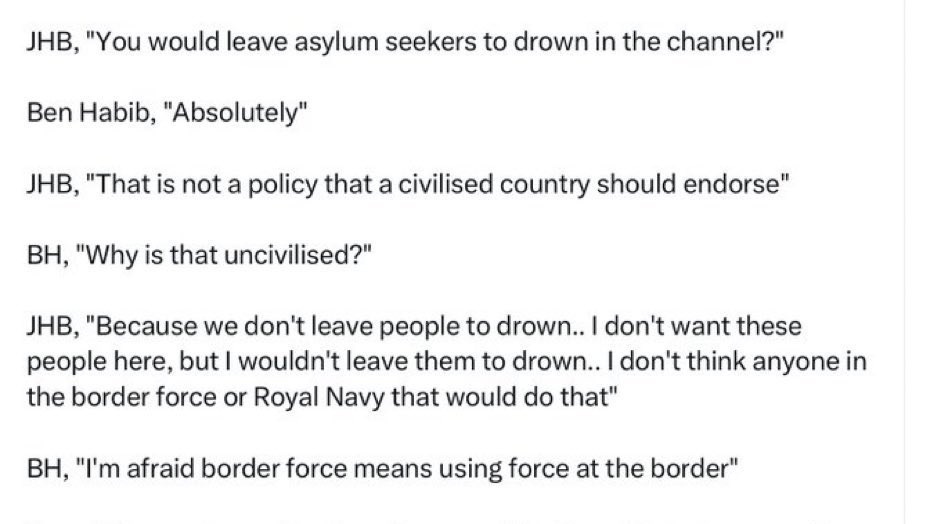 Has Jacob Rees-Mogg or any of GB News interviewers asked Ben Habib or Richard Tice if it will be Reform Party UK policy to let fellow human beings be drowned at sea?

If not, why not? Does GB News agree with drowning people?