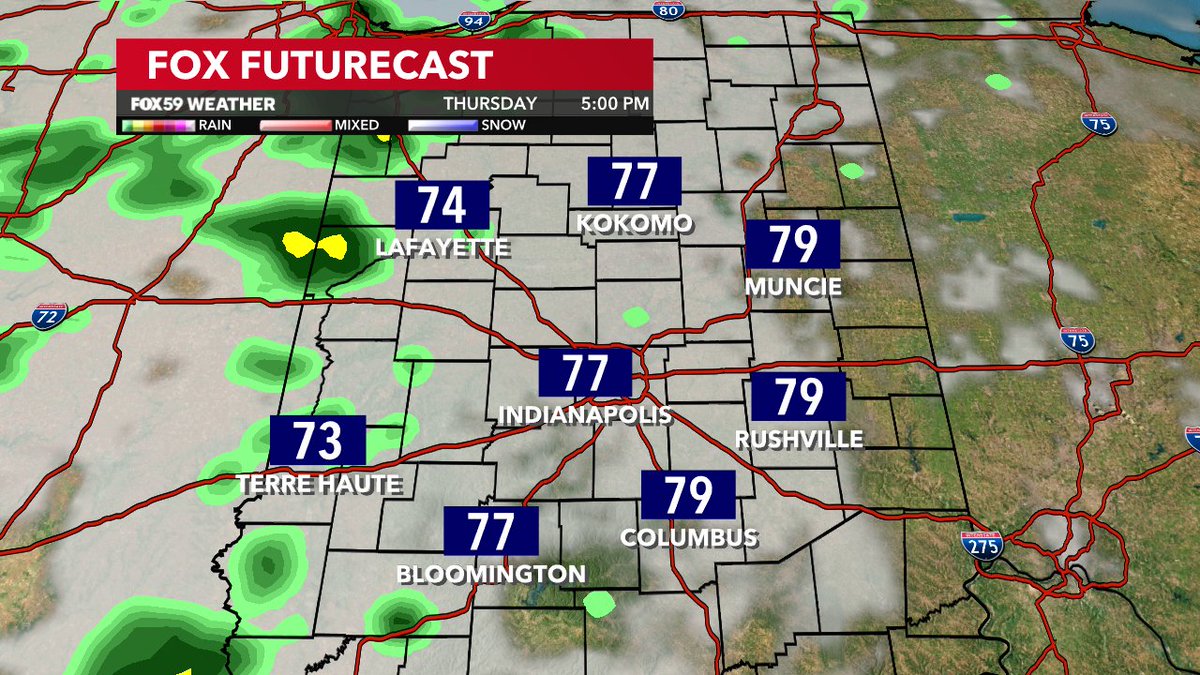 Reduced rain threat will bring rebound in temperatures. Nearing 80-degrees in some locations Thursday. #INwx