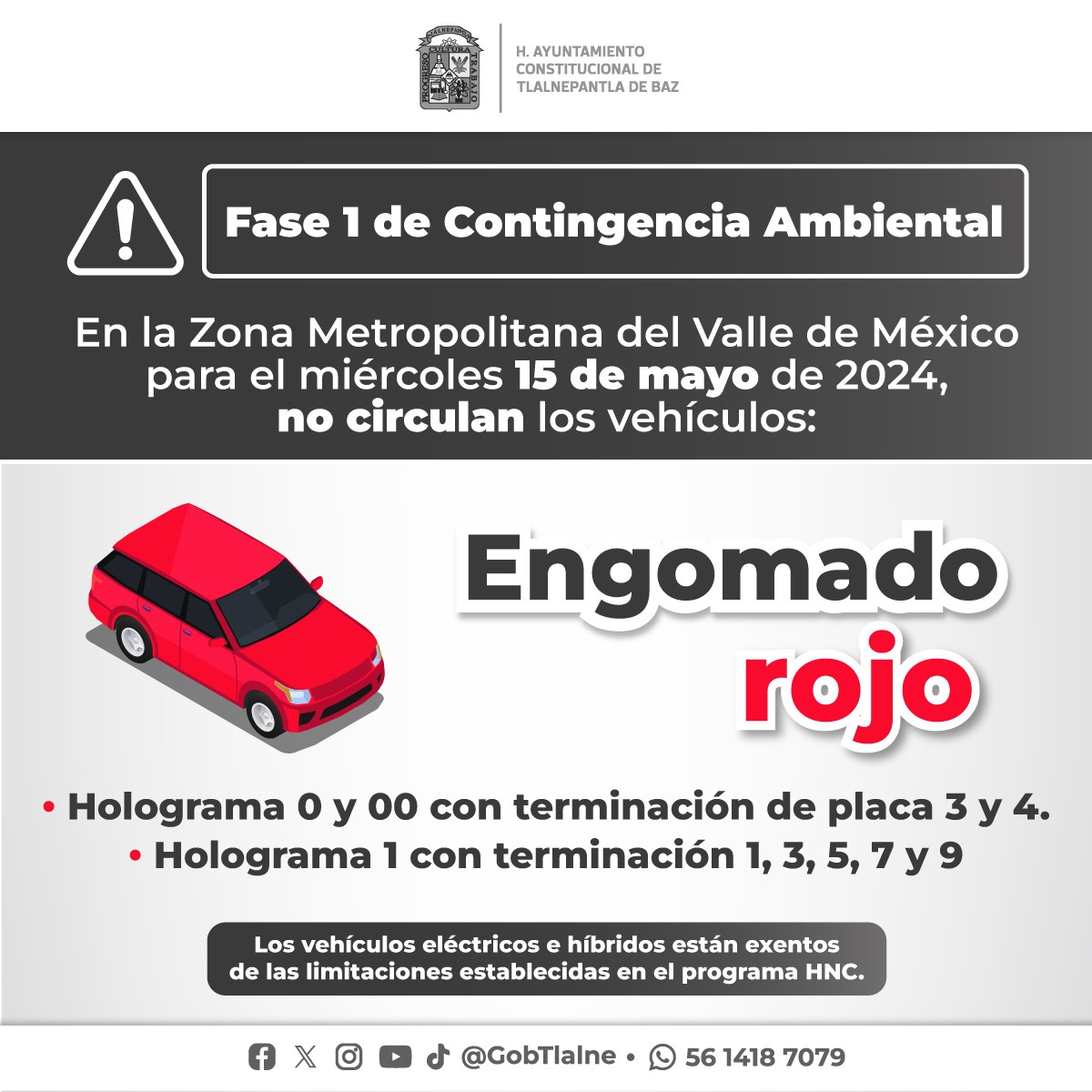 La #ContingenciaAmbiental continúa. Toma tus precauciones y evita la exposición prolongada al sol y exteriores. El programa #HoyNoCircula aplica para vehículos con engomado rojo🔴 hologramas 0 y 00 con terminación de placas 3 y 4, y holograma 1 con terminaciones 1, 3, 5, 7 y 9.