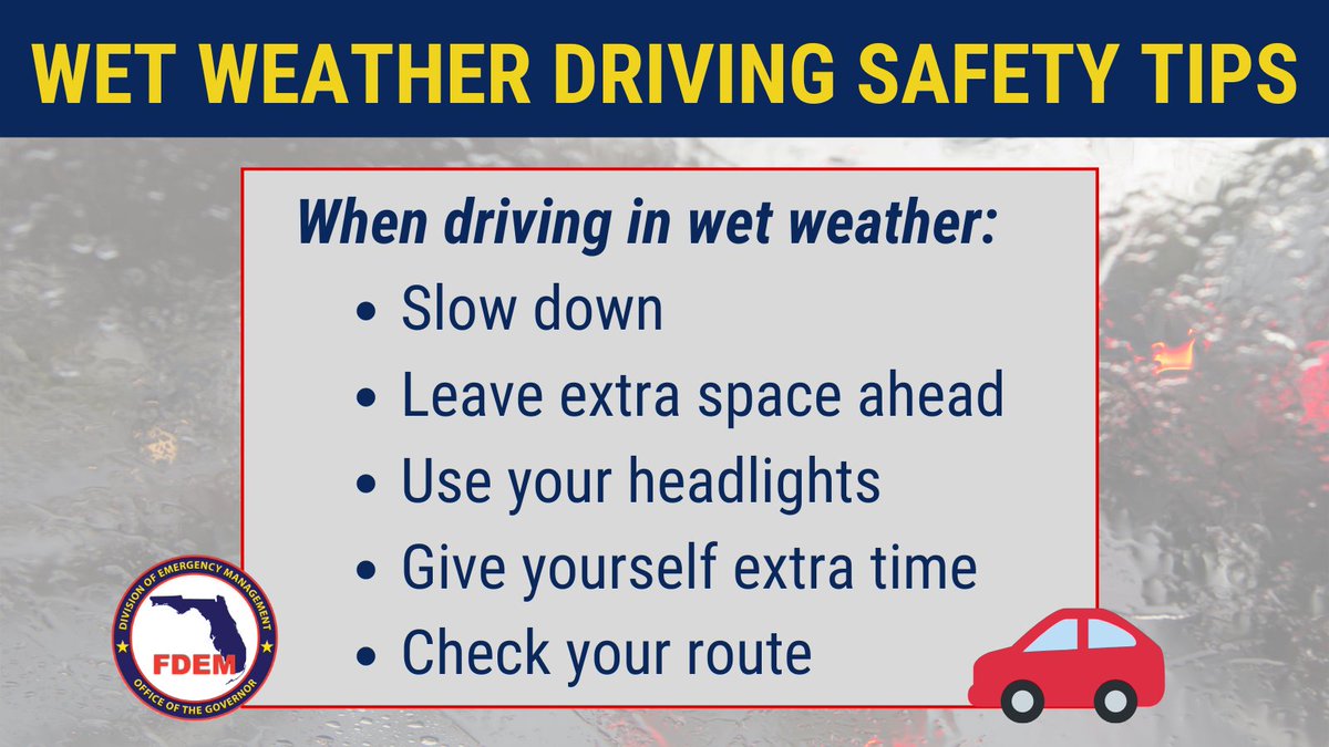 🚨 5/15/24: Strong to severe thunderstorms may be possible across Central FL throughout the day. Please use extra caution when driving during your morning & lunch commutes.

Follow the driving safety tips below & visit FloridaDisaster.org/Hazards/Floods for more safety tips.