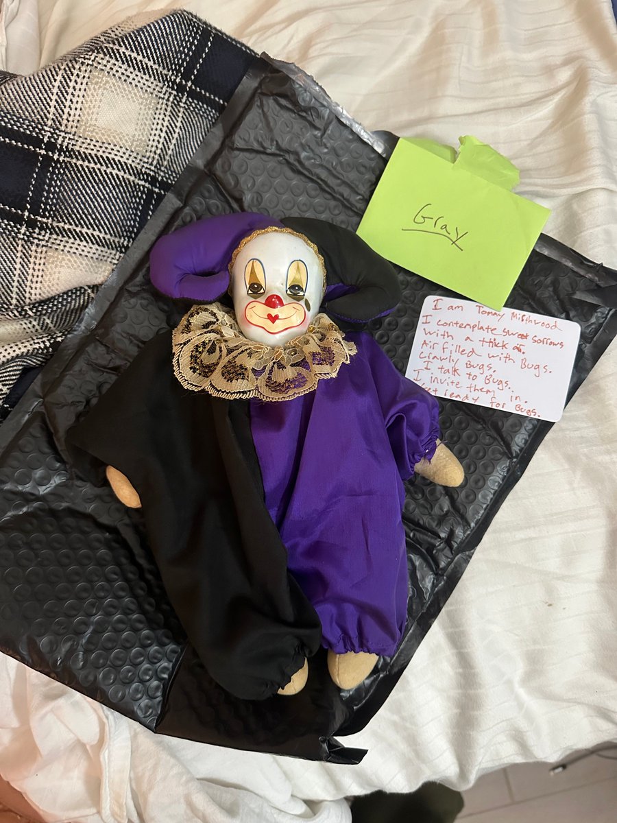 everyone please look at this wonderful/wretched/possibly haunted clown doll that my friend sent me 😭 his name is tommy and he loves bugs for some reason