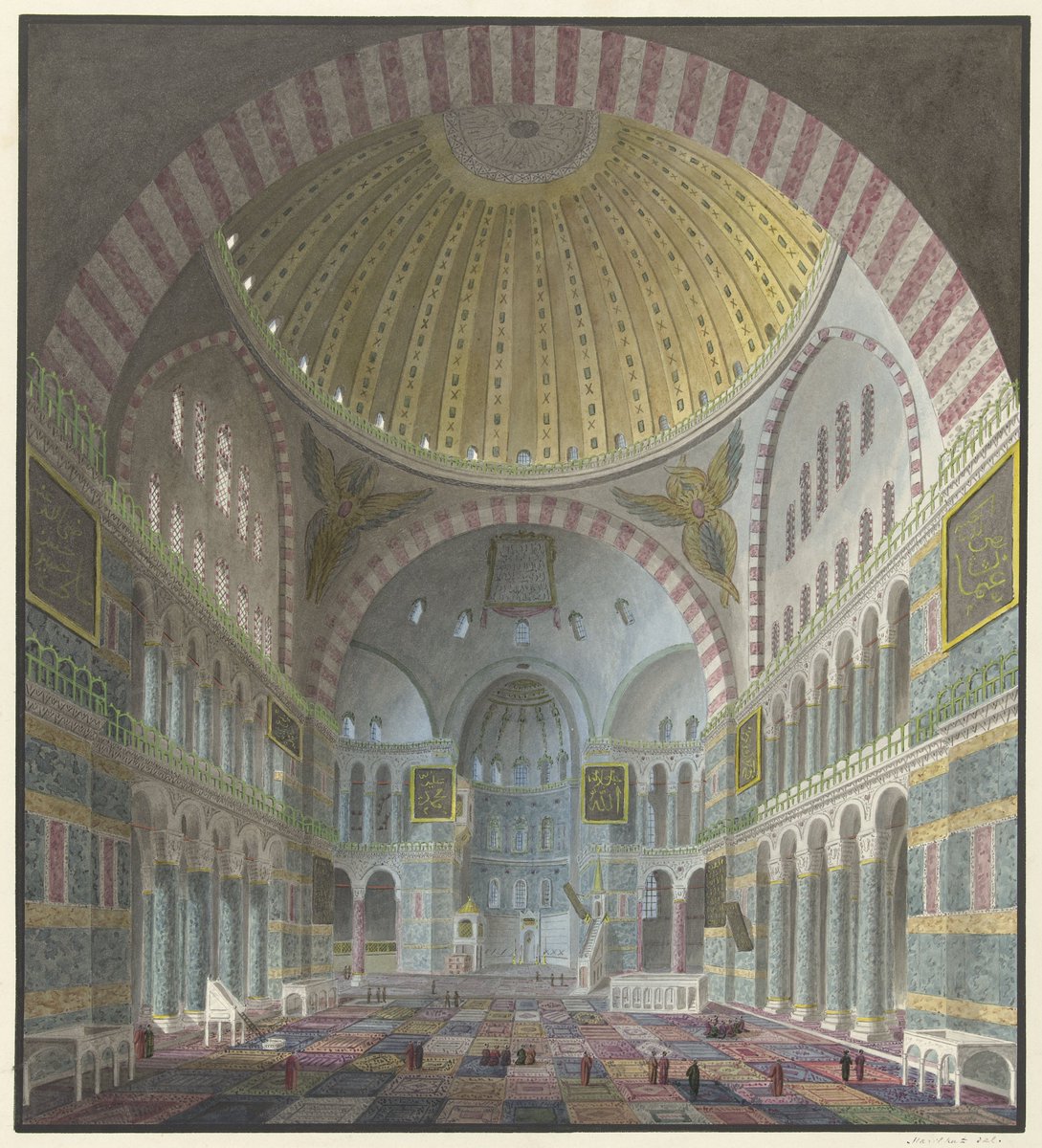 Interior of Hagia Sophia with kneeling and walking Turks Georges-Antoine-Prosper Marilhat, after 1821