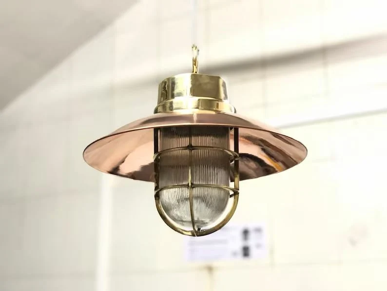 Excited to share the latest addition to my #etsy shop: Antique Nautical Ship Old Brass Long Vintage Pendant Light With Hook And Copper Shade Cap etsy.me/4bjykyr #gold #copper #bedroom #artnouveau #glass #yes #frosted #downrod #antiquependant