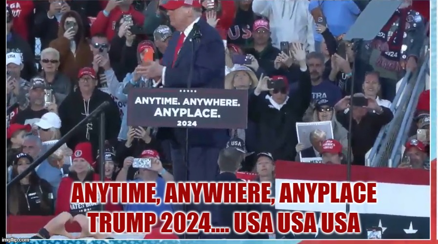ANYTIME, ANYWHERE, ANYPLACE!! Love this!! Of course the old man on the hill will never show up since he cannot speak about his policies as his admin has tried their best to destroy America! But that will not happen! WE THE POEPLE will not allow it!! Never Give in, Never Back Down…