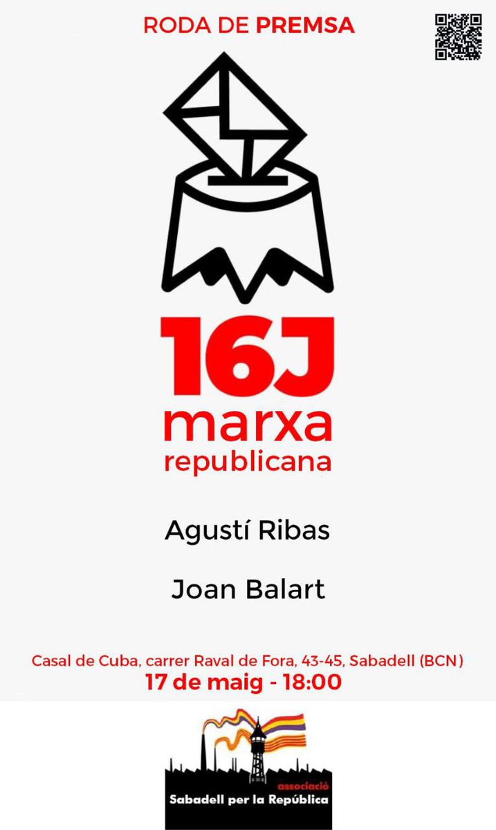 Us convidem a la RODA DE PREMSA per presentar la #MarchaRepublicana16J a #Madrid, per reivindicar la necessitat d'un model d'Estat republicà i democràtic, un Estat i un Govern del poble, pel poble i per al poble. 🗓️Dv 17/05 📍Raval de fora 43-45. #Sabadell 🕕18h #VolemRepublica