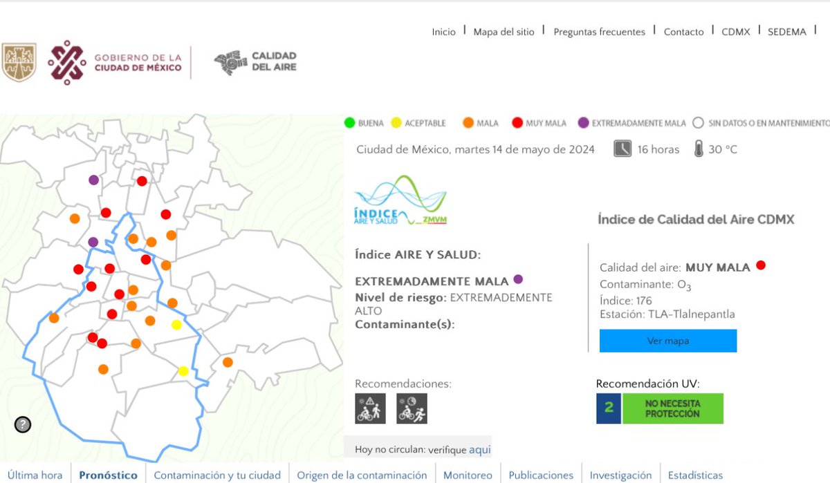 ¡Atención! A las 16:00 el Índice Aire y Salud pasó a un nivel extremadamente malo en Tlalnepantla y Cuautitlán. Prácticamente el resto de la ZMVM se mantiene en nivel malo y muy malo