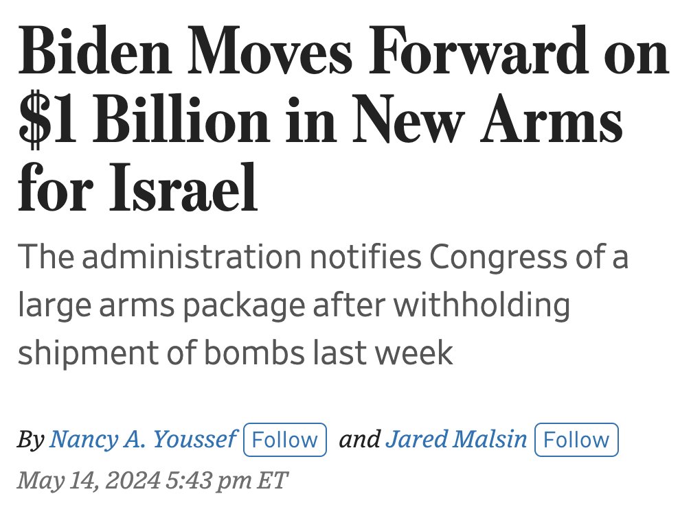 Right after the State Department admits Israel has “likely” used US-supplied weapons in violation of humanitarian law, right after Israeli forces attack a United Nations car in *Rafah*, killing an Indian worker...Biden moves to send $1 billion more of weapons to Israel: