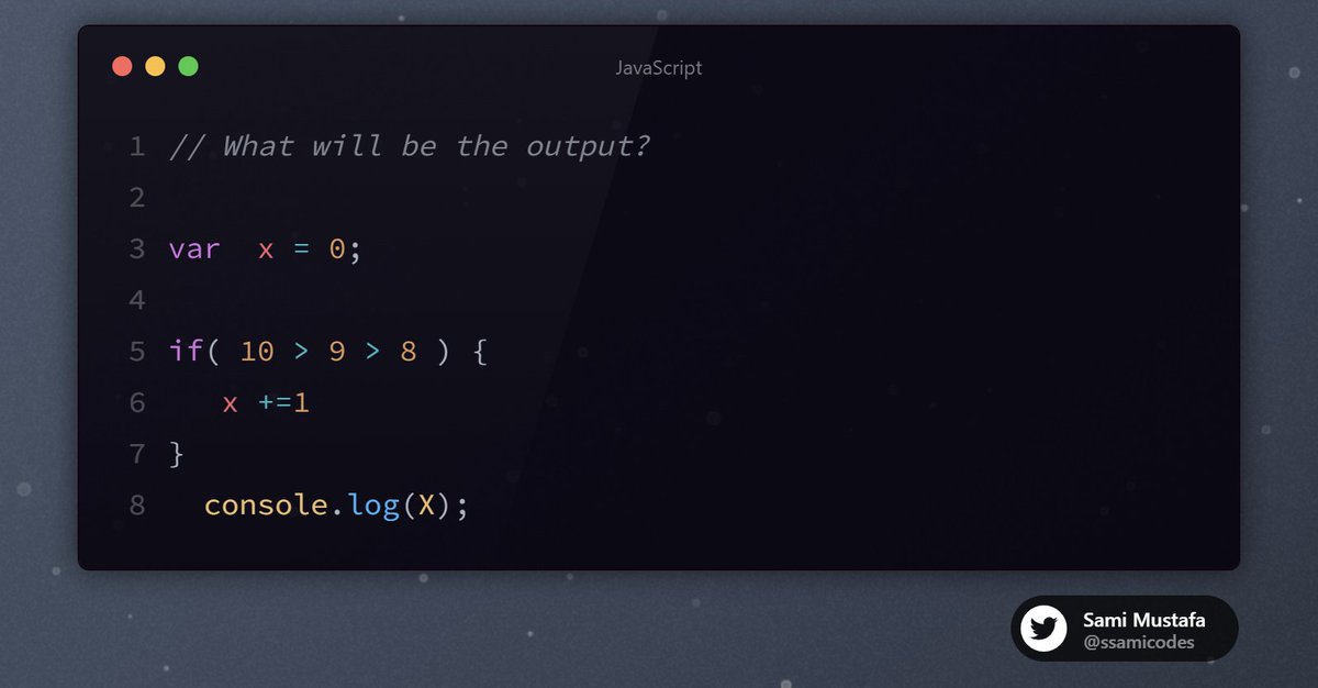 What will the output be ?

☑️Comment your right answer and grow your programming skills.🚀

 #javascript #javascriptquiz
#codingquiz #coding #codingchallenge #coders #codinglife #programming #codingisfun #programmers #python #coder #programminglife #programmer #javascript