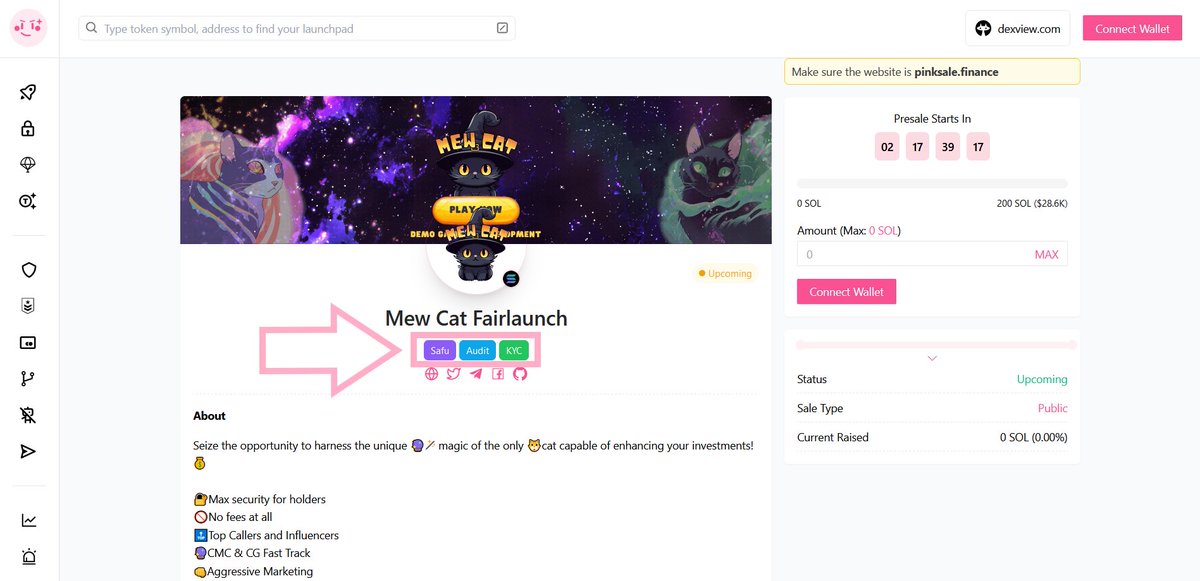 🔥Congratulations to the Mew Cat team on successfully obtaining their #Safu badge. 👉 The only way to obtain a Safu badge on Pinksale is to work with one of our trusted Safu developers! 🚀 Check them out below: pinksale.finance/solana/launchp… #SOL #BNB #BTC