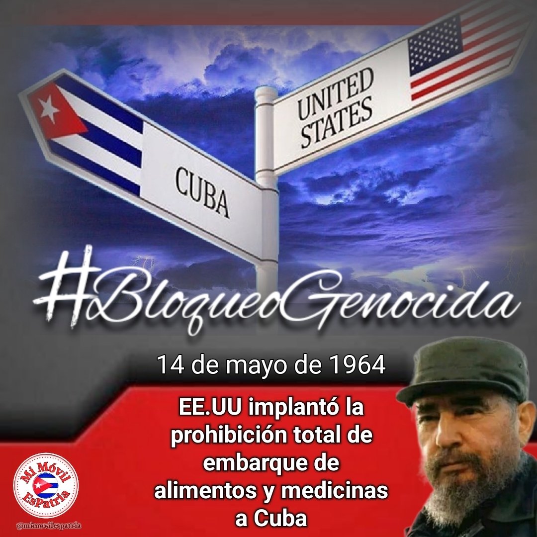 Desde #EEUUTerrorista hace 60 años implantó la prohibición total de embarque de alimentos y medicinas a #Cuba, ese #BloqueoGenocida persiste aún más recrudecido.

#MiMóvilEsPatria