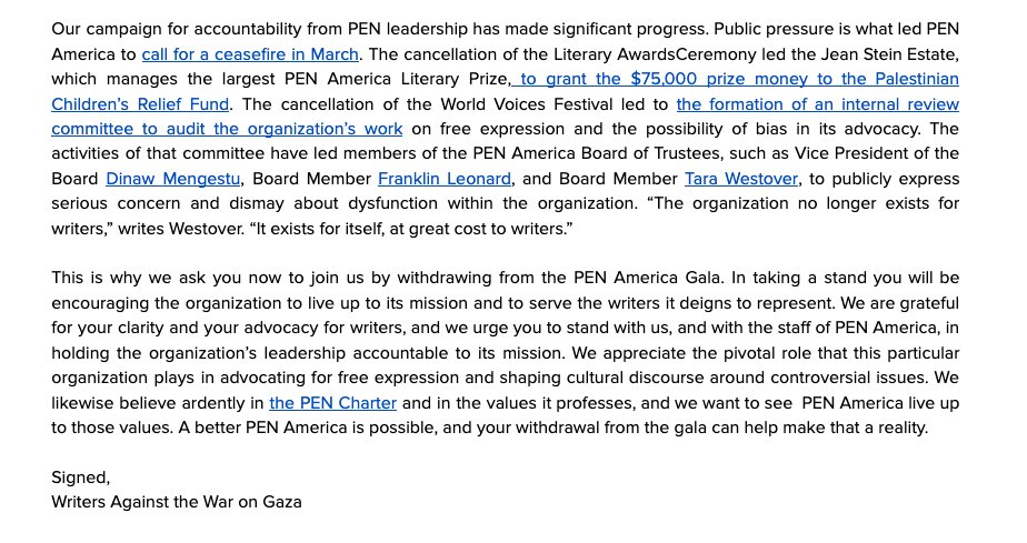 Hey @sethmeyers! Did you get our letter? We're asking you to please withdraw from hosting the @PENAmerica gala on Wednesday. If you have any questions, you know where to reach us.