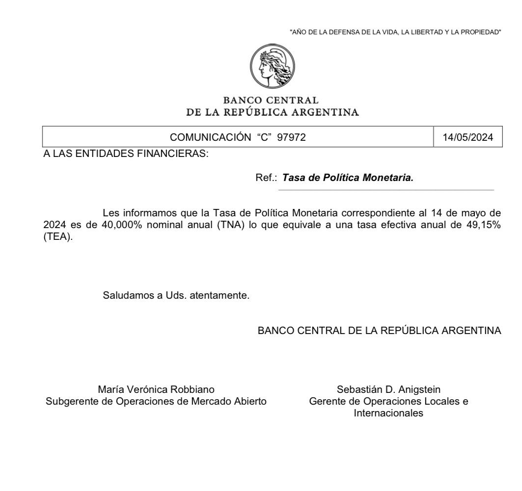 El #BCRA volvió a a baje la tasa de política monetaria de 50% a 40% TNA  (TEA 49,15%)