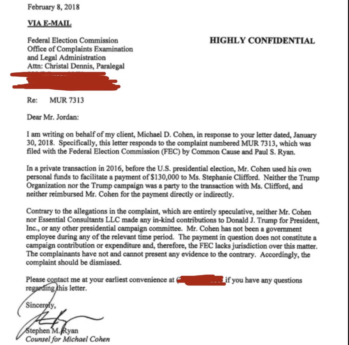 DUE TO THE DIRTY JUDGE MERCHAN’S GAG ORDER…TRUMP CAN’T SHARE THIS BUT YOU CAN! This sham case has no crime and this letter 👇from Cohen’s own attorney admits that Trump et al. did not pay $130k to Stormy….Cohen did! IMHO, he’s lying to frame Trump! (Letter posted by
