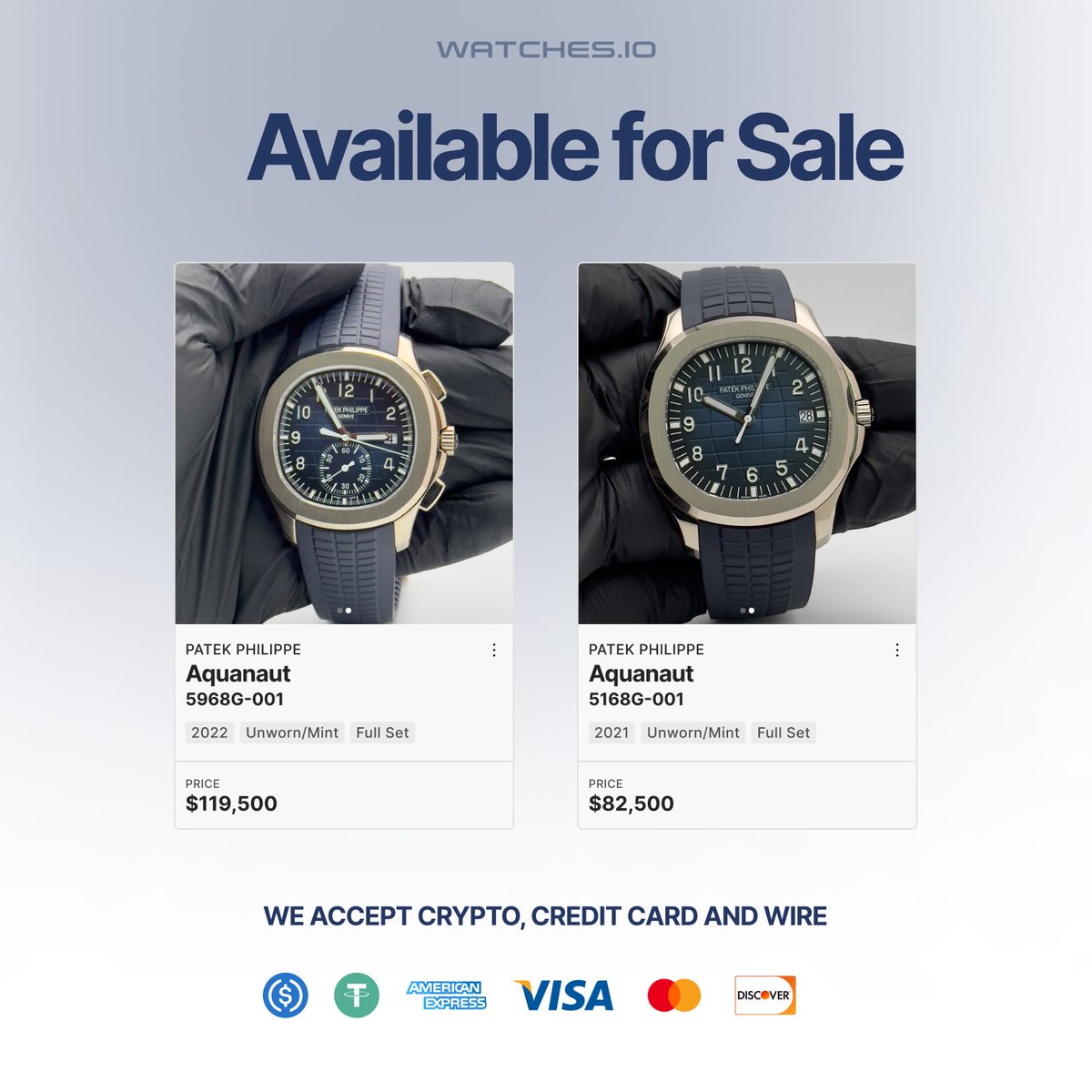 Check out these stunning @PatekPhilippe watches, now available on our marketplace! 

Featuring rubber straps and blue, horizontally embossed, gradated dials, these timepieces are a true masterpiece. 

Swipe to explore our selection and visit watches.io/marketplace to buy now!